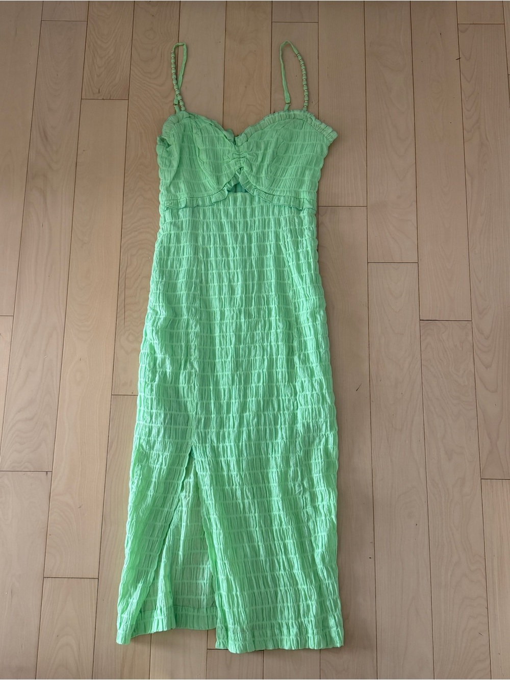 Vix Paula Hermanny Green Ruched Midi Socked Dress with Spaghetti Straps
